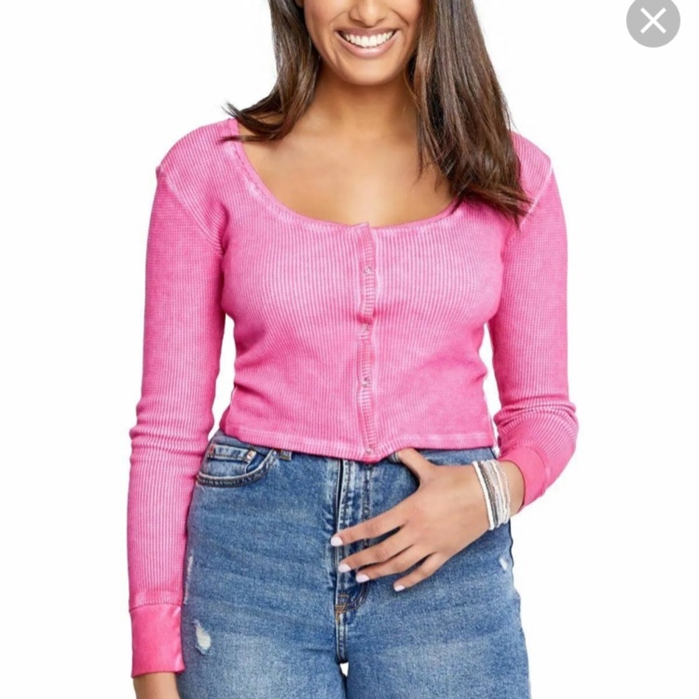 Sundown Bright Neon Pink Thermal Long Sleeve Cropped Snap Front